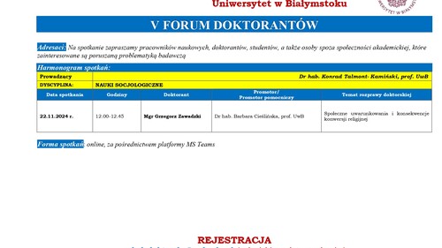 V Forum Doktorantów Szkoły Doktorskiej UwB.